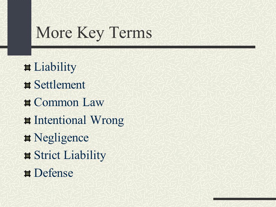 More Key Terms Liability Settlement Common Law Intentional Wrong