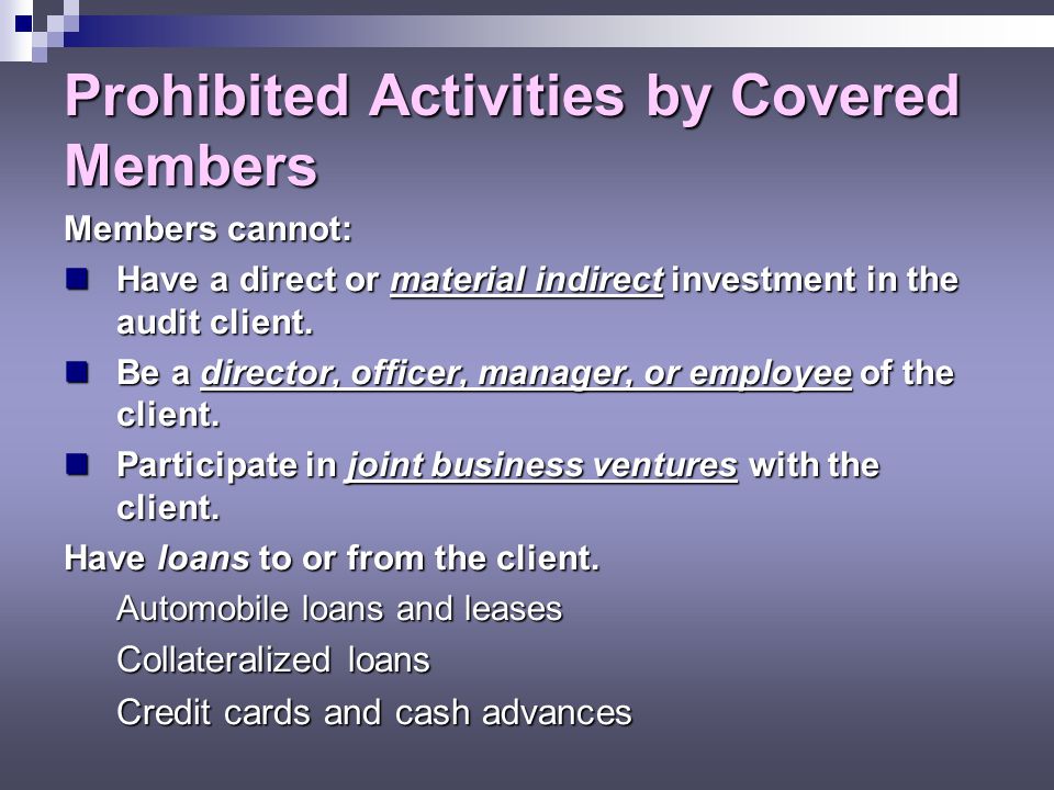 Prohibited Activities by Covered Members