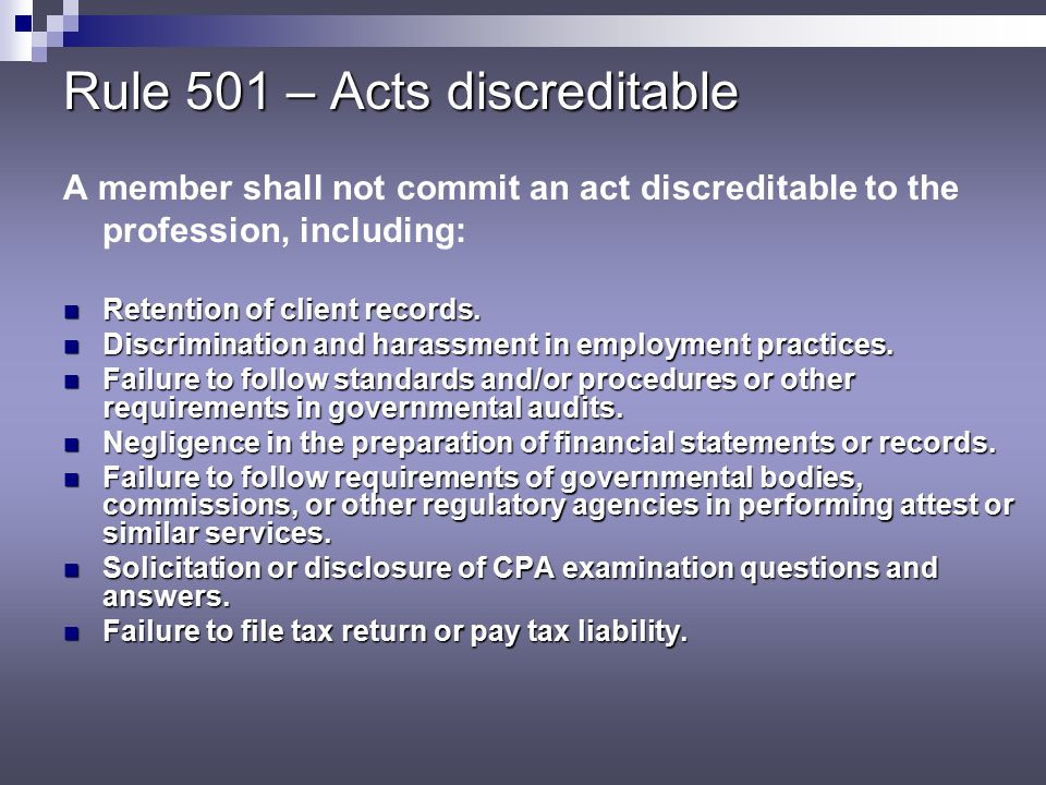 Rule 501 – Acts discreditable