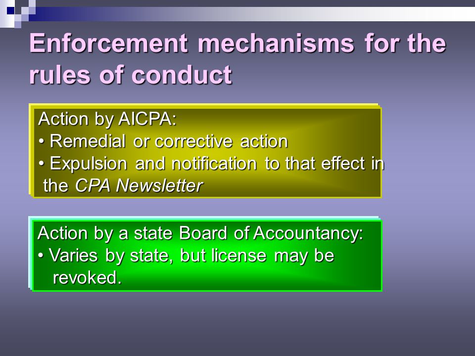 Enforcement mechanisms for the rules of conduct