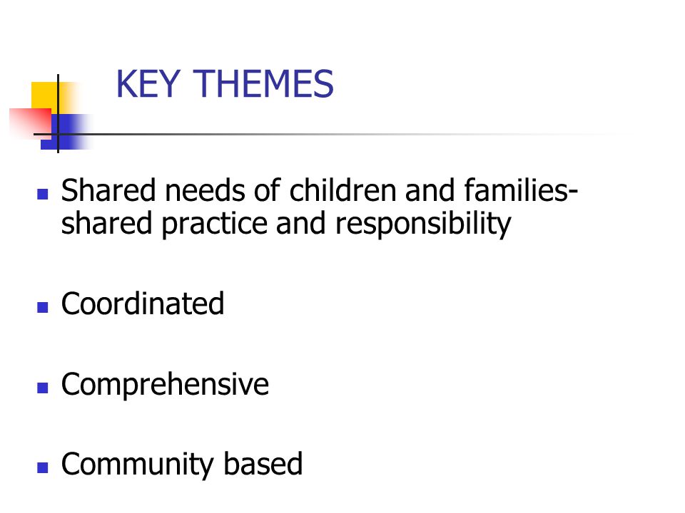 KEY THEMES Shared needs of children and families-shared practice and responsibility. Coordinated. Comprehensive.