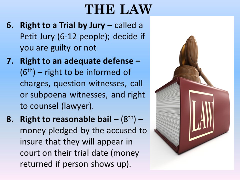 THE LAW Right to a Trial by Jury – called a Petit Jury (6-12 people); decide if you are guilty or not.