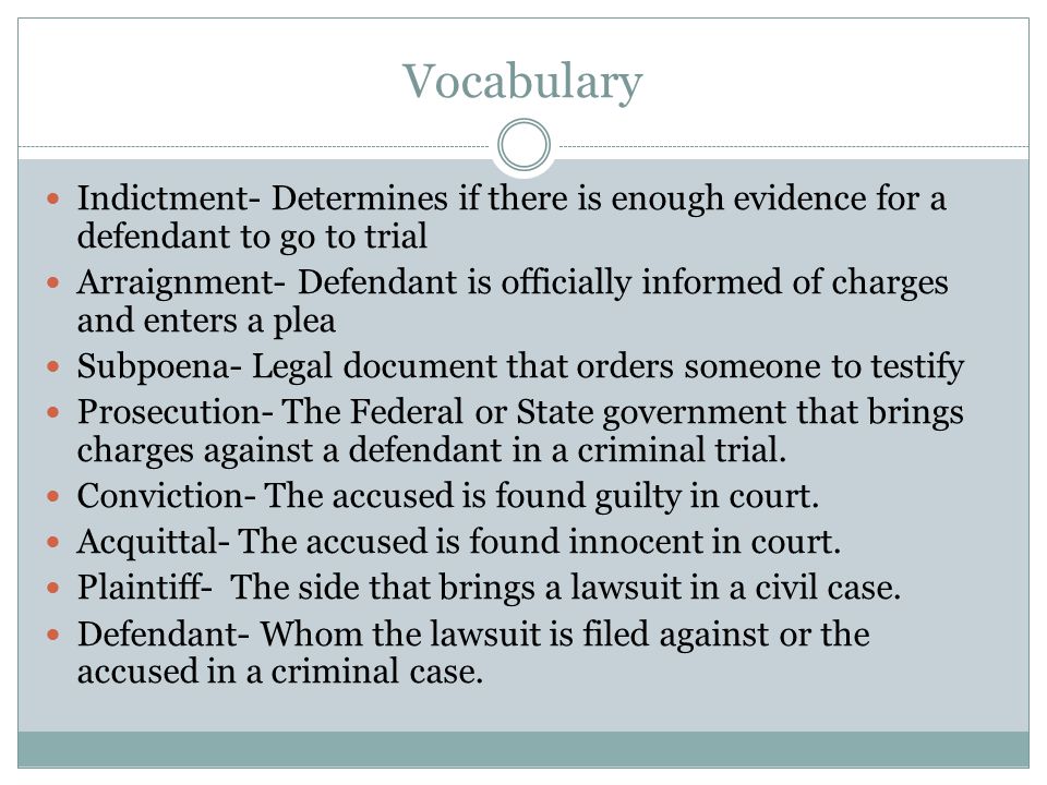 Vocabulary Indictment- Determines if there is enough evidence for a defendant to go to trial.