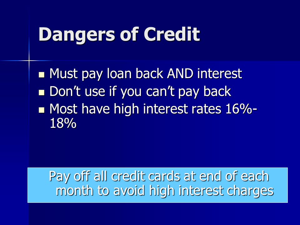 Dangers of Credit Must pay loan back AND interest