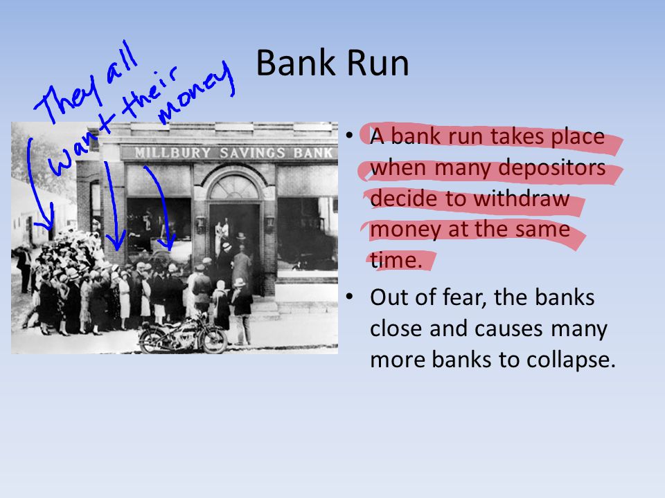 Bank Run A bank run takes place when many depositors decide to withdraw money at the same time.