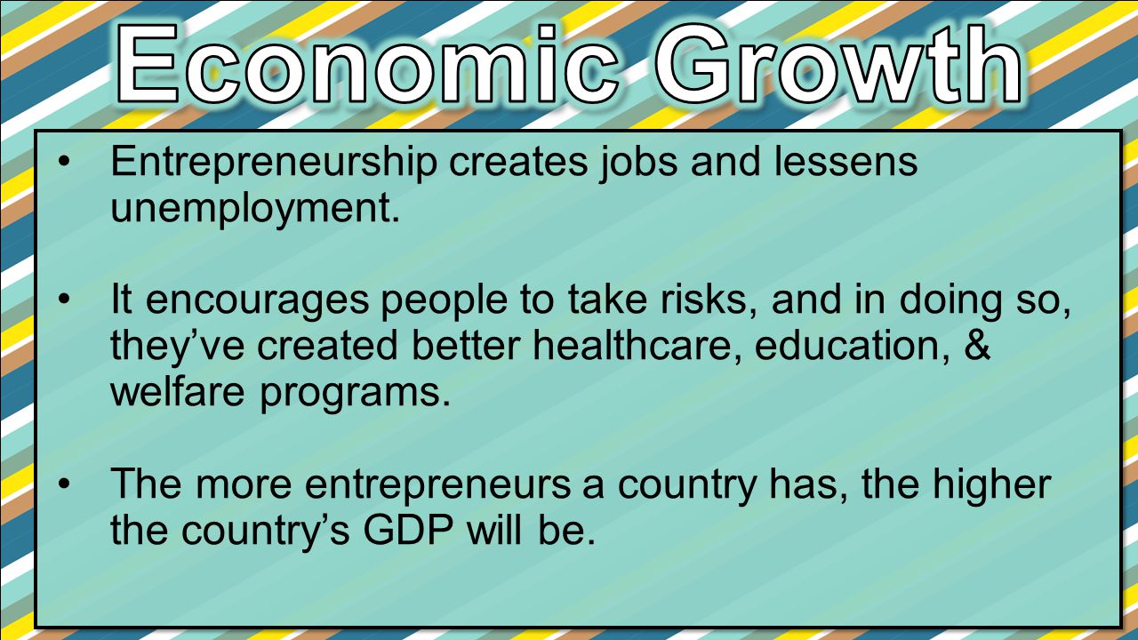 Economic Growth Entrepreneurship creates jobs and lessens unemployment.