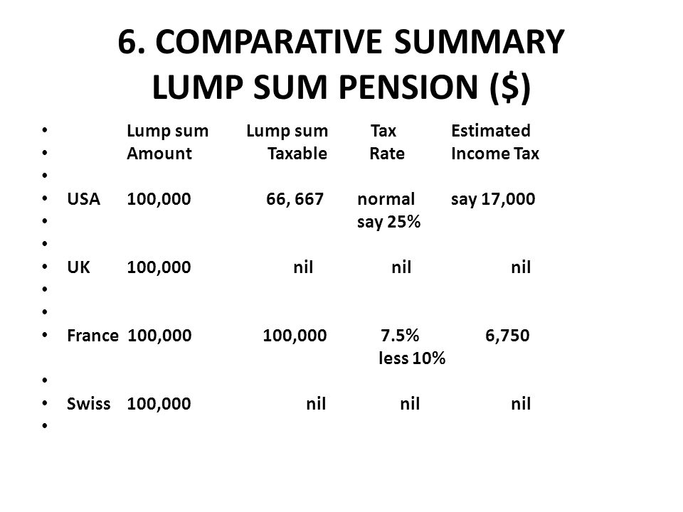 UNOFFICIAL BRIEF SUMMARY OF TAXATION ON THE UN PENSION MONTHLY AND LUMP-SUM  PAYMENTS FOR USA, UK, FRANCE, SWITZERLAND Powerpoint presentation. - ppt  video online download