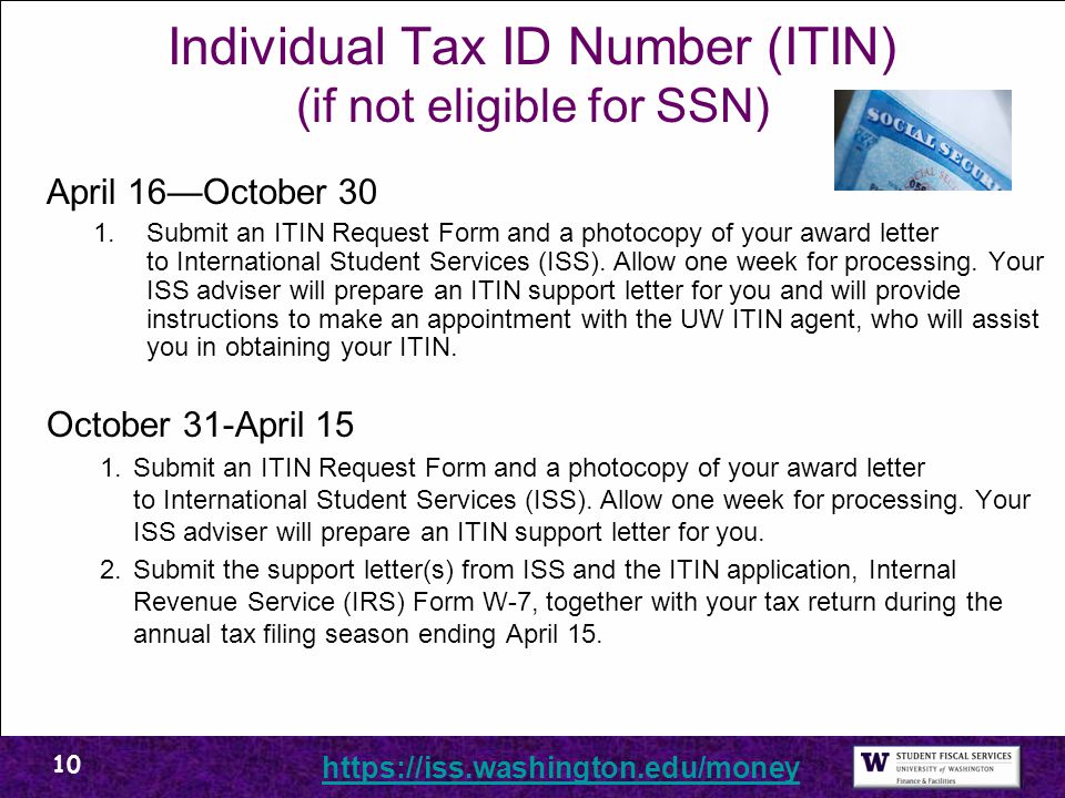 Individual Tax ID Number (ITIN) (if not eligible for SSN)