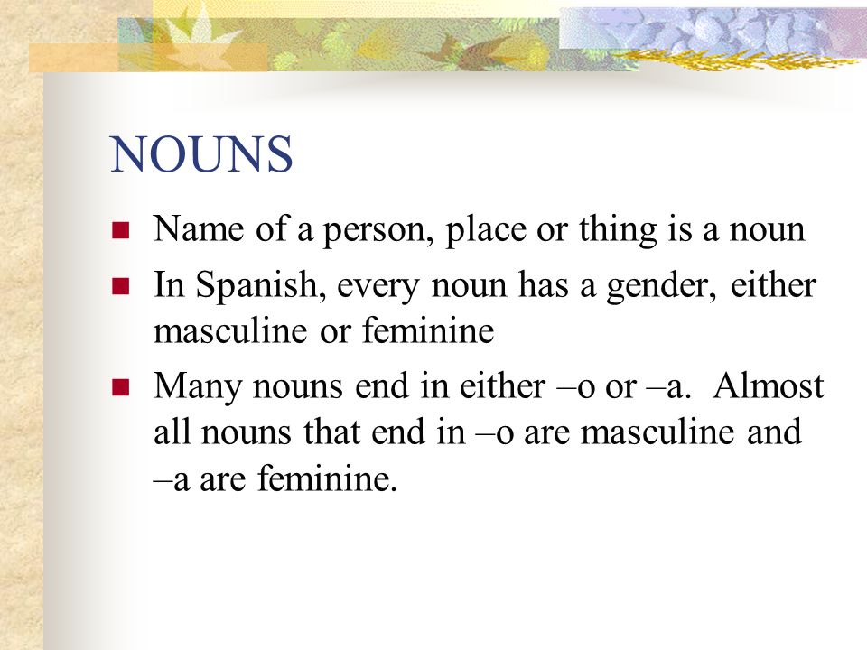 NOUNS Name of a person, place or thing is a noun
