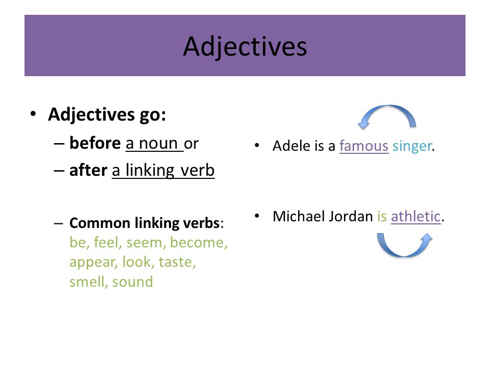 Adjectives Adjectives go: before a noun or after a linking verb