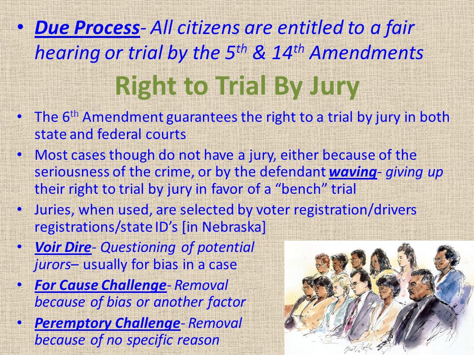 Due Process- All citizens are entitled to a fair hearing or trial by the 5th & 14th Amendments
