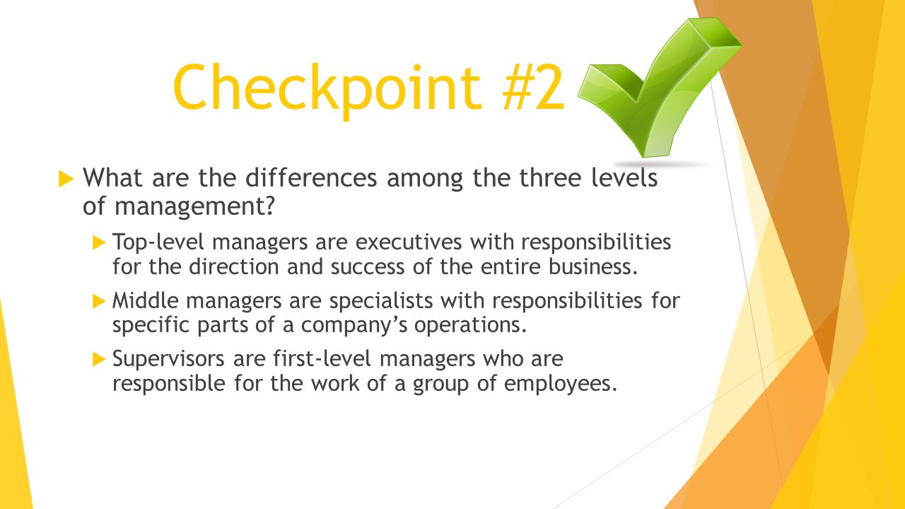Checkpoint #2 What are the differences among the three levels of management