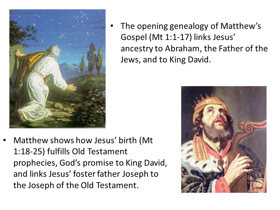 The opening genealogy of Matthew’s Gospel (Mt 1:1-17) links Jesus’ ancestry to Abraham, the Father of the Jews, and to King David.