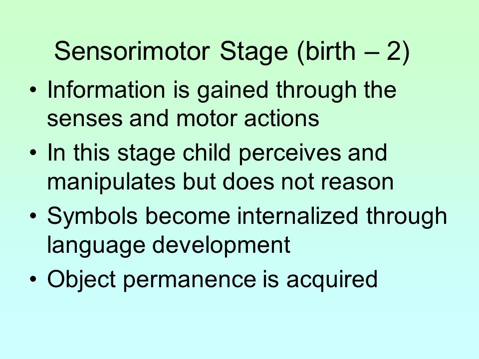 Sensorimotor Stage (birth – 2)