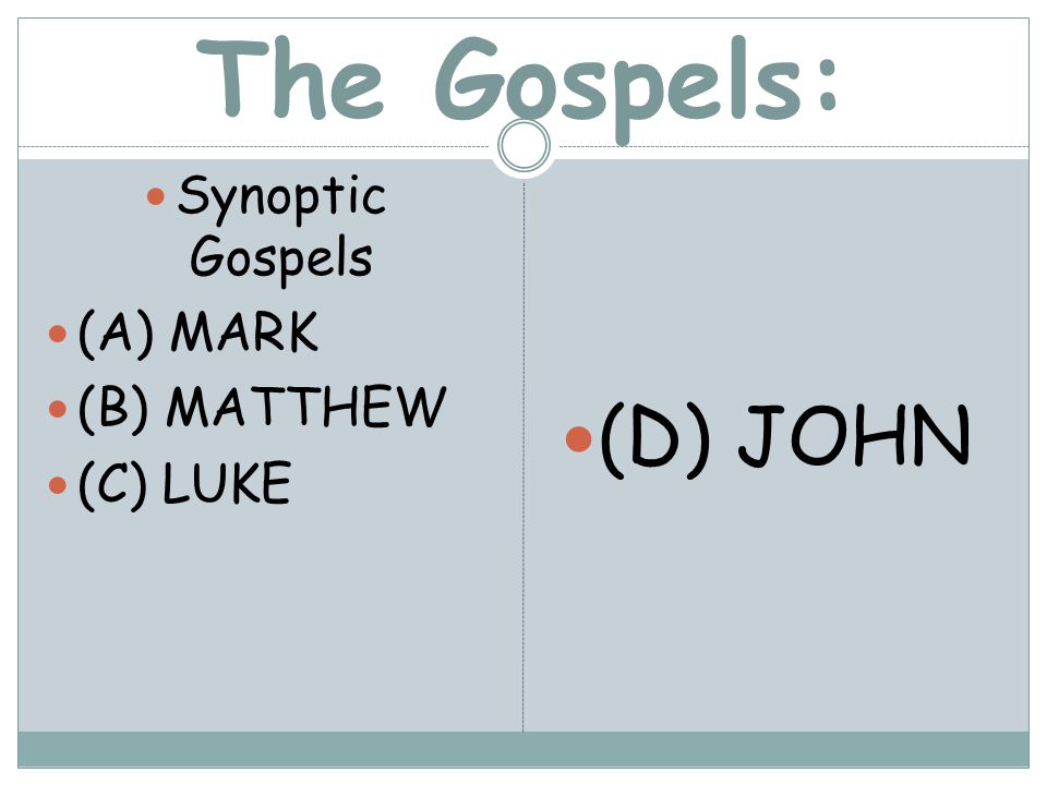 The Gospels: Synoptic Gospels (A) MARK (B) MATTHEW (C) LUKE (D) JOHN