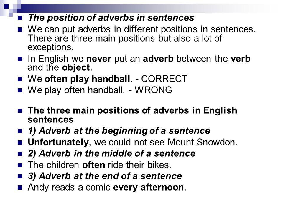 The position of adverbs in sentences