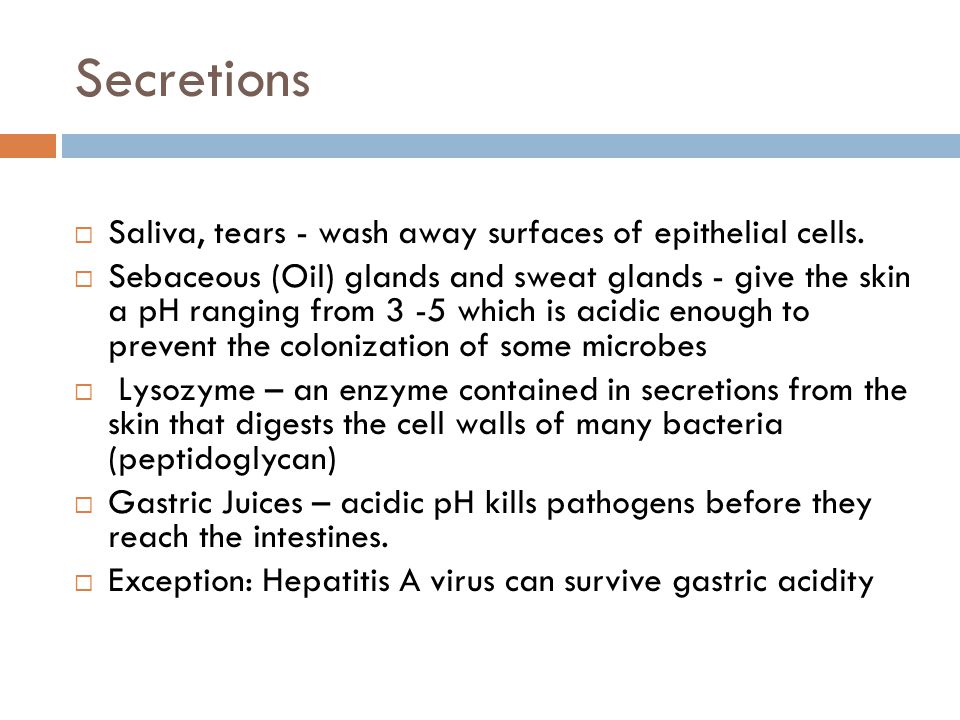 Secretions Saliva, tears - wash away surfaces of epithelial cells.