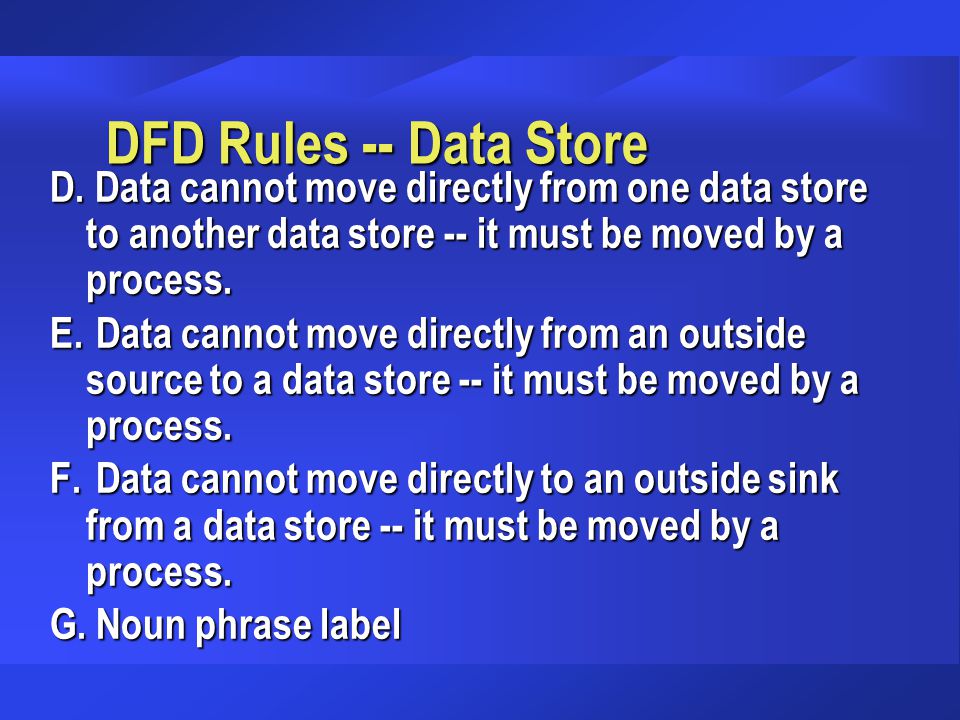 DFD Rules -- Data Store D. Data cannot move directly from one data store to another data store -- it must be moved by a process.