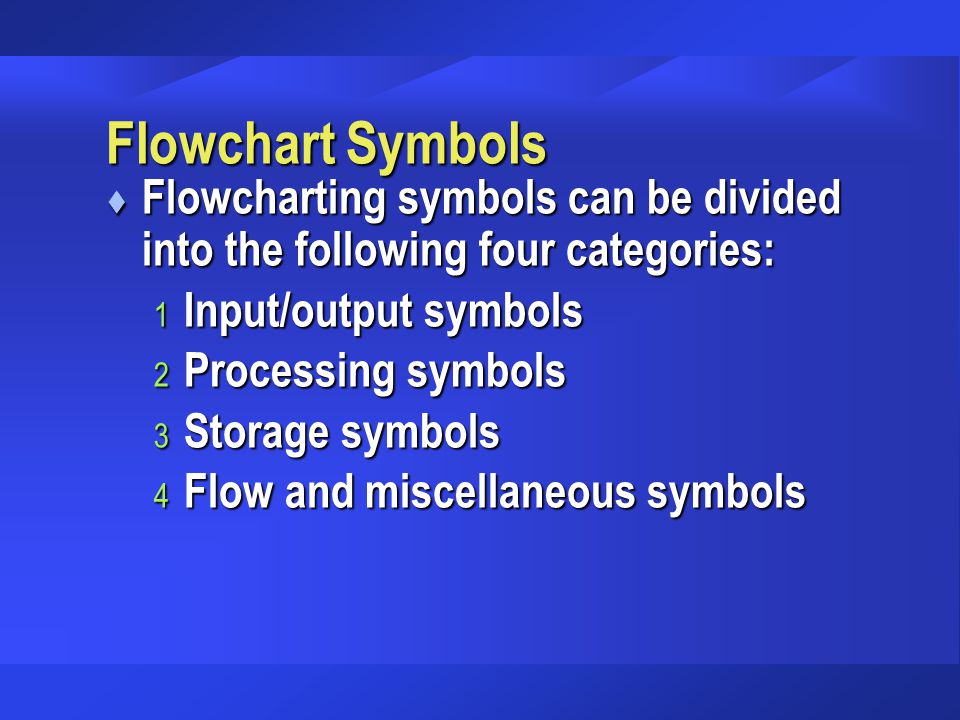 Flowchart Symbols Flowcharting symbols can be divided into the following four categories: Input/output symbols.