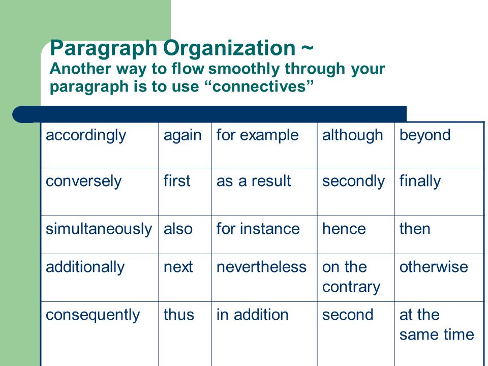 Paragraph Organization ~ Another way to flow smoothly through your paragraph is to use connectives