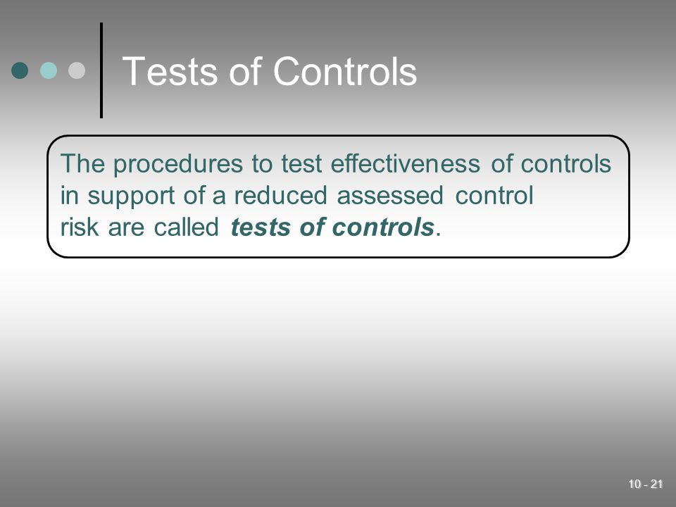 Tests of Controls The procedures to test effectiveness of controls