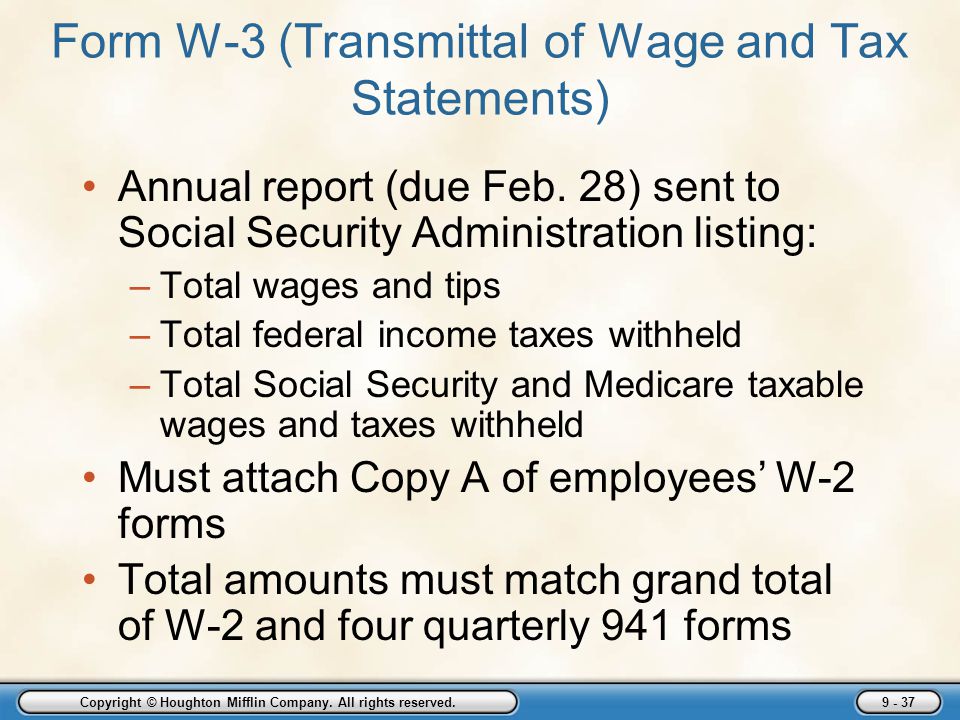 Form W-3 (Transmittal of Wage and Tax Statements)