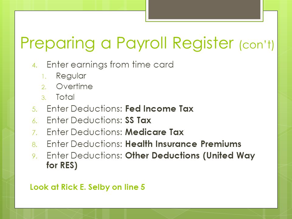 Preparing a Payroll Register (con’t)