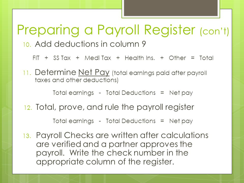 Preparing a Payroll Register (con’t)