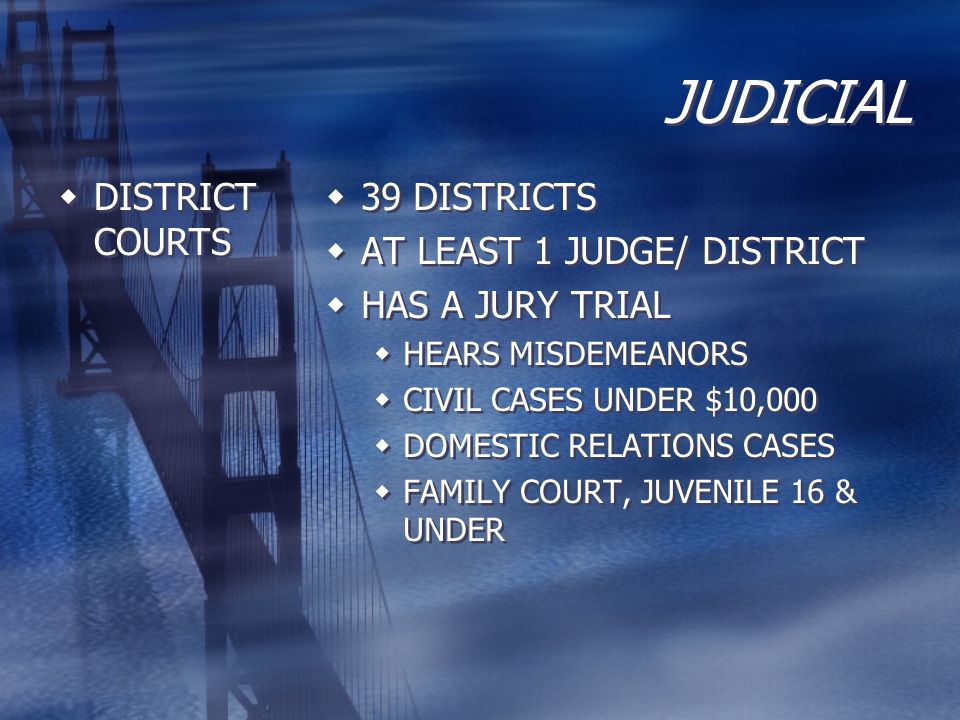 JUDICIAL DISTRICT COURTS 39 DISTRICTS AT LEAST 1 JUDGE/ DISTRICT