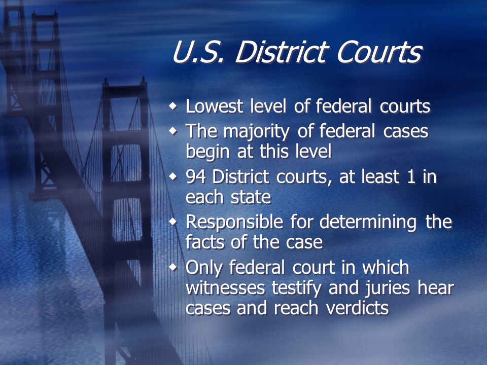 U.S. District Courts Lowest level of federal courts