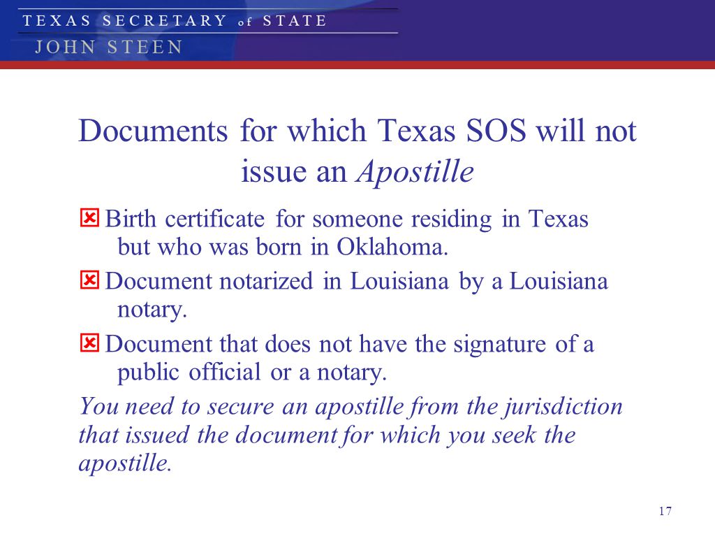 Documents for which Texas SOS will not issue an Apostille