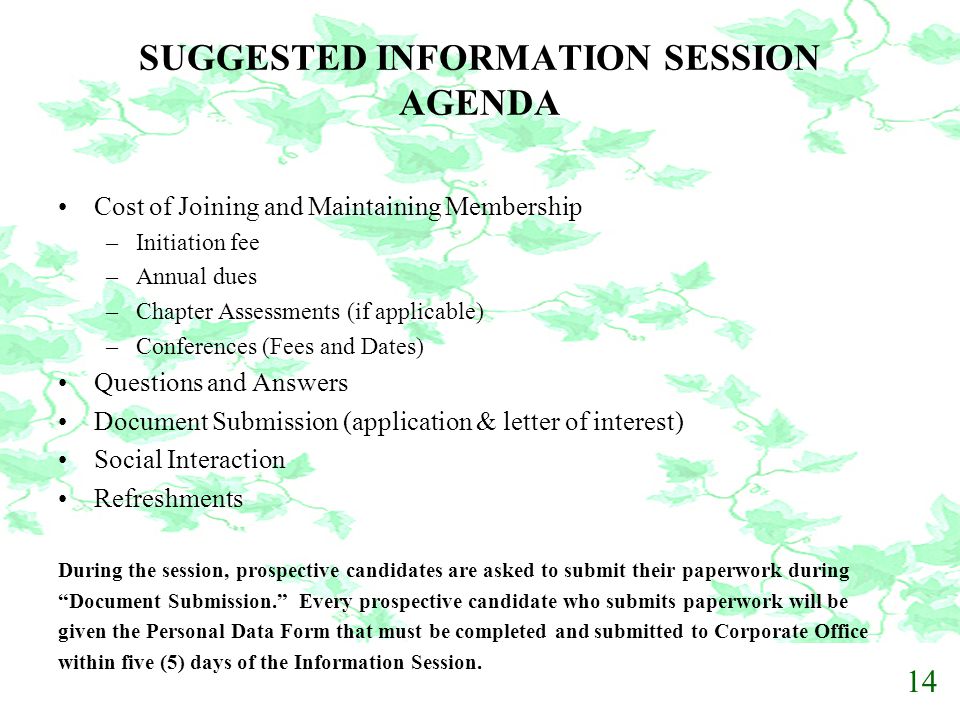 SUGGESTED INFORMATION SESSION AGENDA