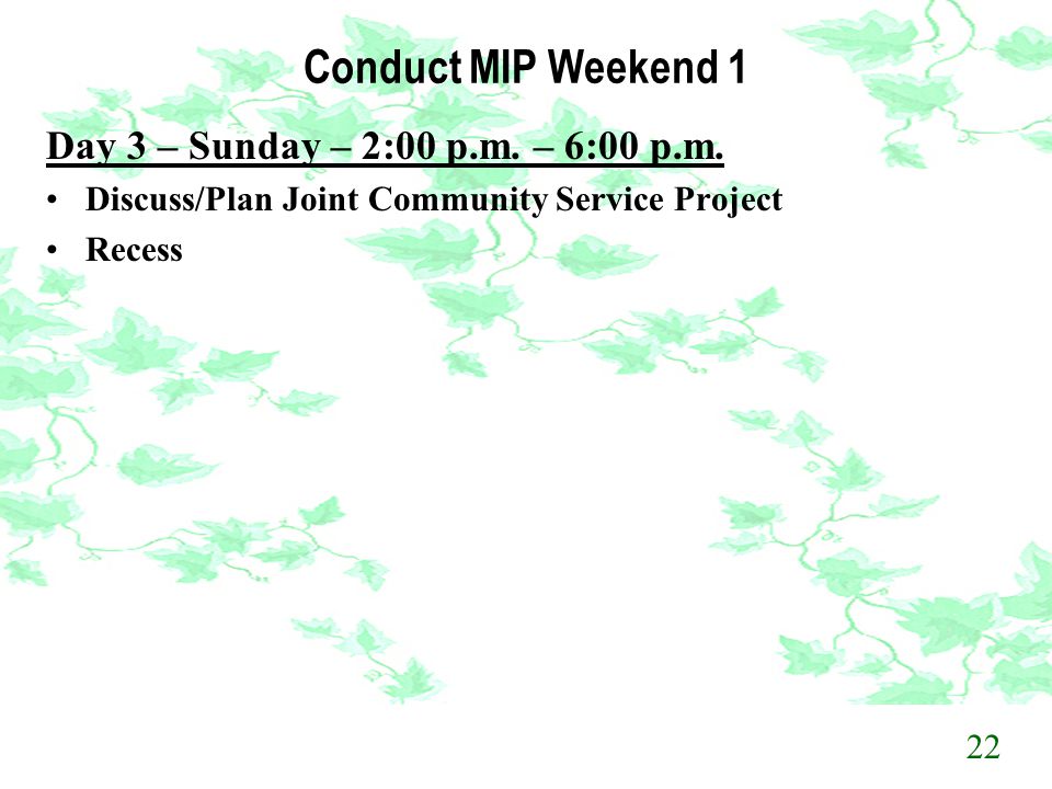 Conduct MIP Weekend 1 Day 3 – Sunday – 2:00 p.m. – 6:00 p.m.