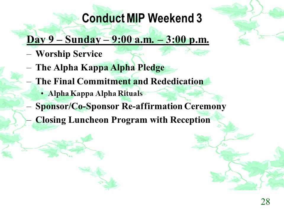 Conduct MIP Weekend 3 Day 9 – Sunday – 9:00 a.m. – 3:00 p.m.
