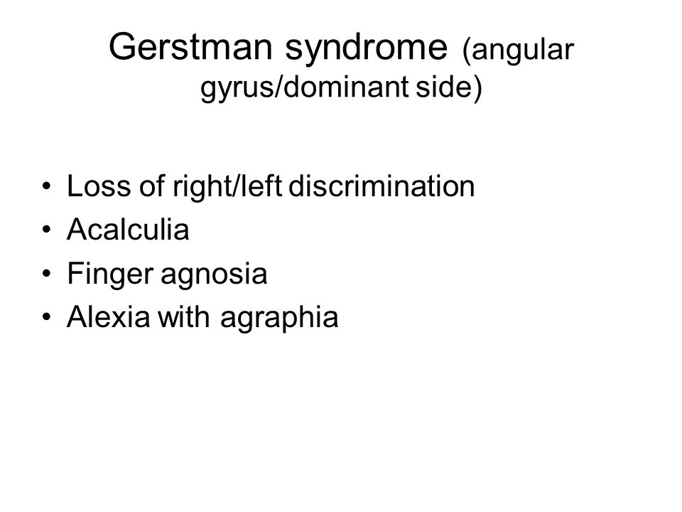 Gerstman syndrome (angular gyrus/dominant side)