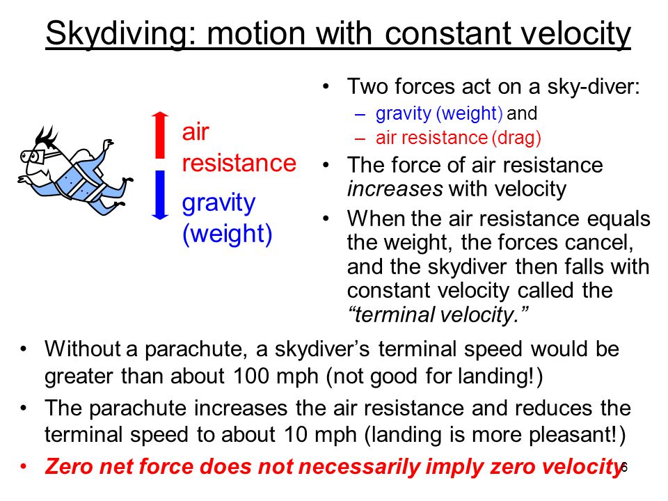 Skydiving: motion with constant velocity