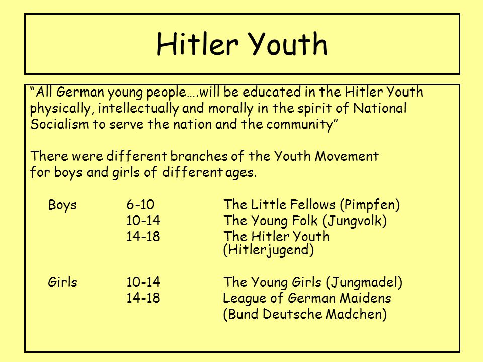 Hitler Youth All German young people….will be educated in the Hitler Youth. physically, intellectually and morally in the spirit of National.