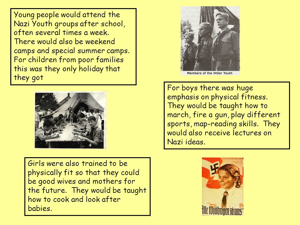 Young people would attend the Nazi Youth groups after school, often several times a week. There would also be weekend camps and special summer camps. For children from poor families this was they only holiday that they got