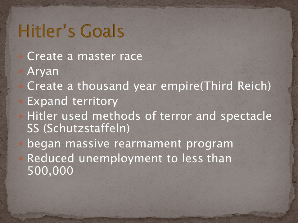Hitler’s Goals Create a master race Aryan