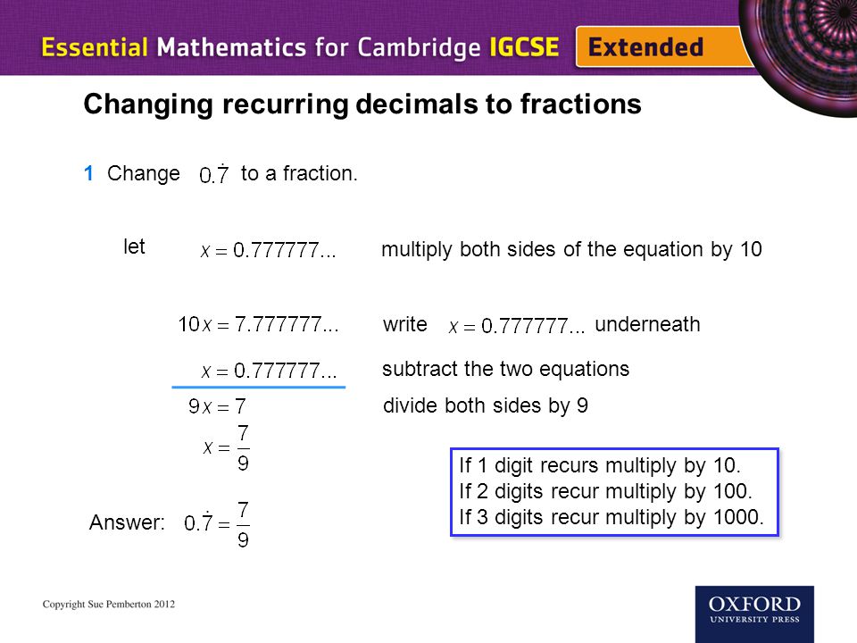 Changing recurring decimals to fractions