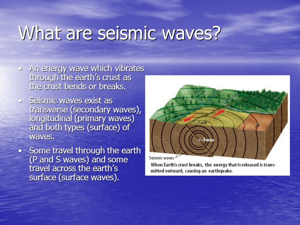 What are seismic waves An energy wave which vibrates through the earth’s crust as the crust bends or breaks.