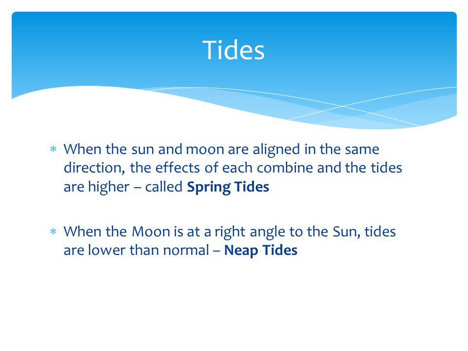 Tides When the sun and moon are aligned in the same direction, the effects of each combine and the tides are higher – called Spring Tides.