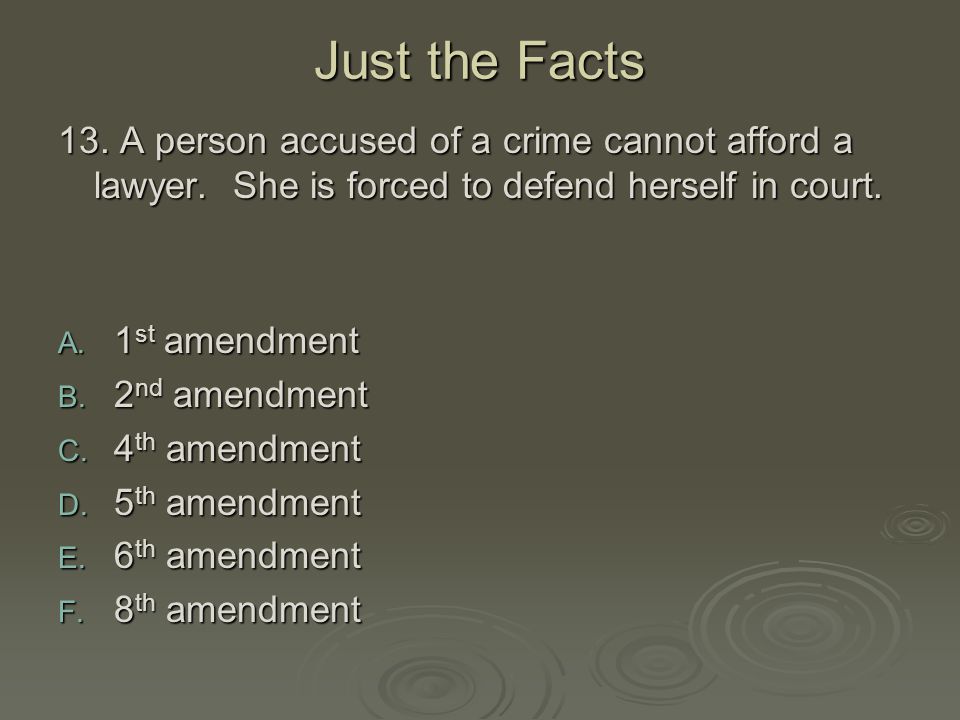 Just the Facts 13. A person accused of a crime cannot afford a lawyer. She is forced to defend herself in court.