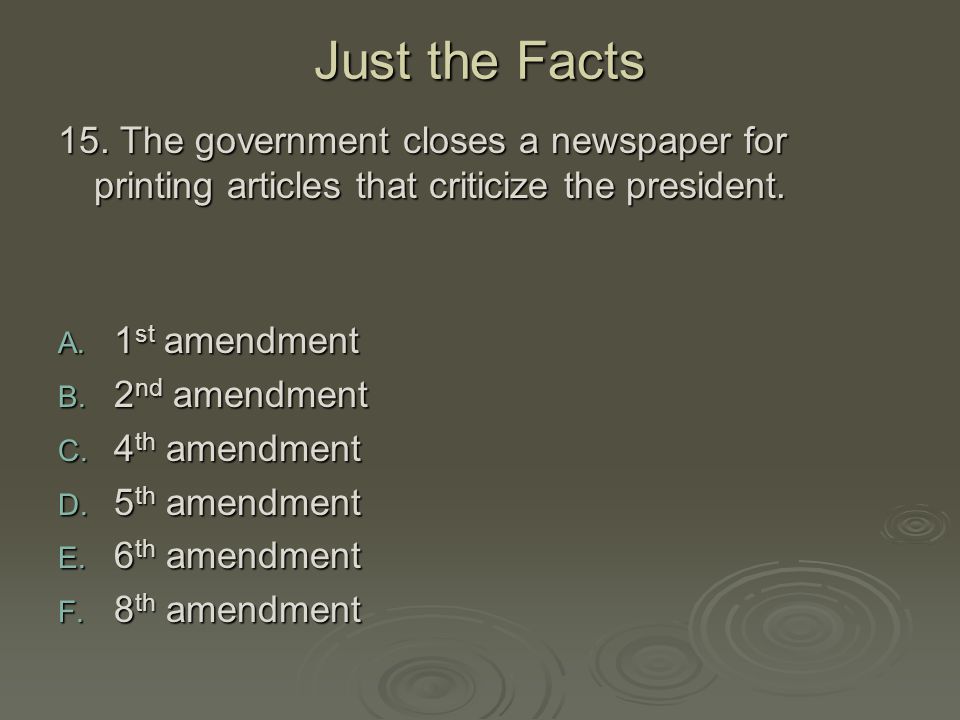 Just the Facts 15. The government closes a newspaper for printing articles that criticize the president.