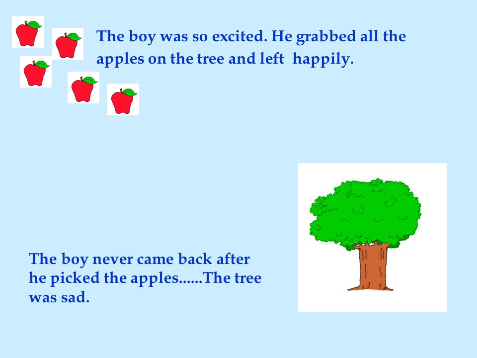 The boy was so excited. He grabbed all the apples on the tree and left happily.