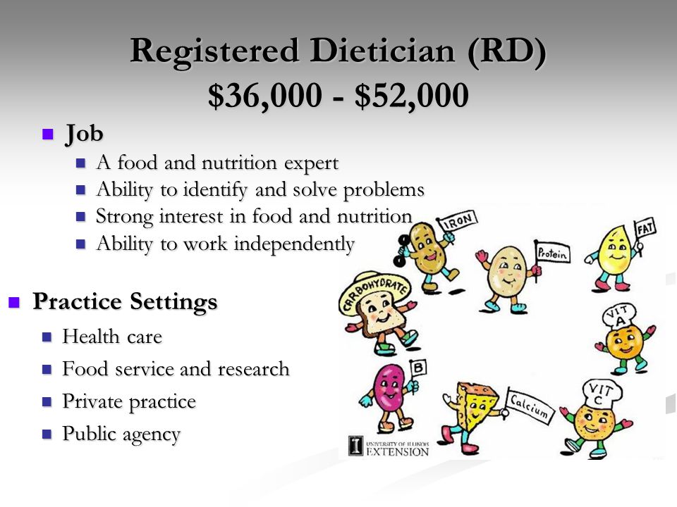 Registered Dietician (RD) $36,000 - $52,000