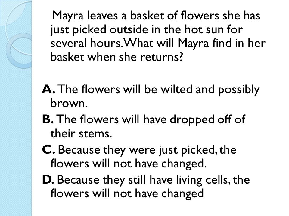 Mayra leaves a basket of flowers she has just picked outside in the hot sun for several hours. What will Mayra find in her basket when she returns