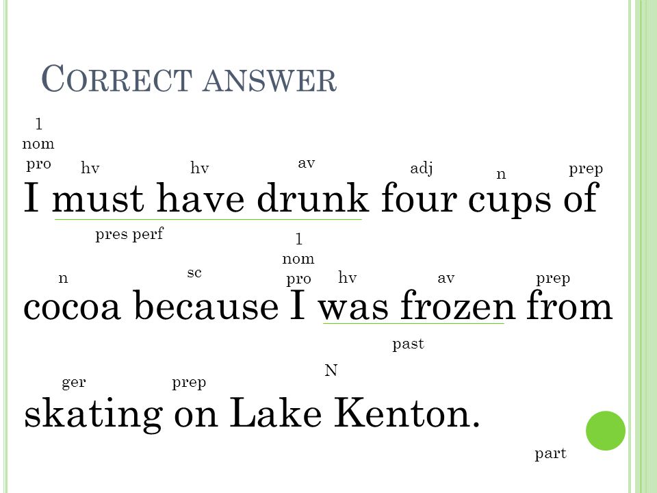 Correct answer 1 nom pro. I must have drunk four cups of cocoa because I was frozen from skating on Lake Kenton.