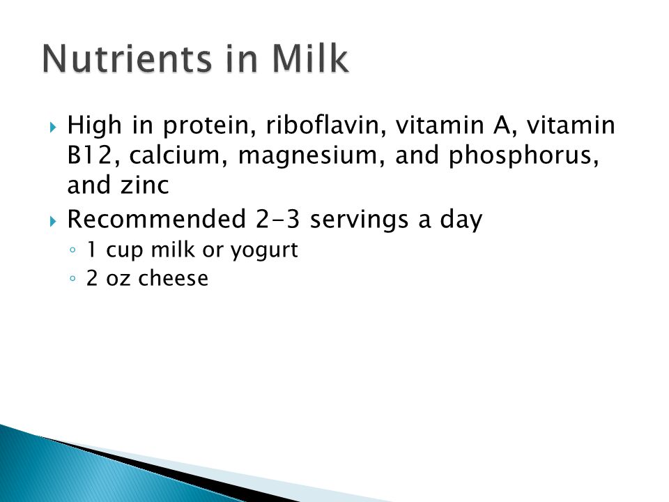 Nutrients in Milk High in protein, riboflavin, vitamin A, vitamin B12, calcium, magnesium, and phosphorus, and zinc.