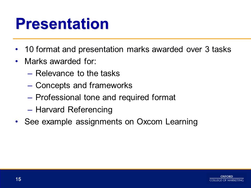 Presentation 10 format and presentation marks awarded over 3 tasks